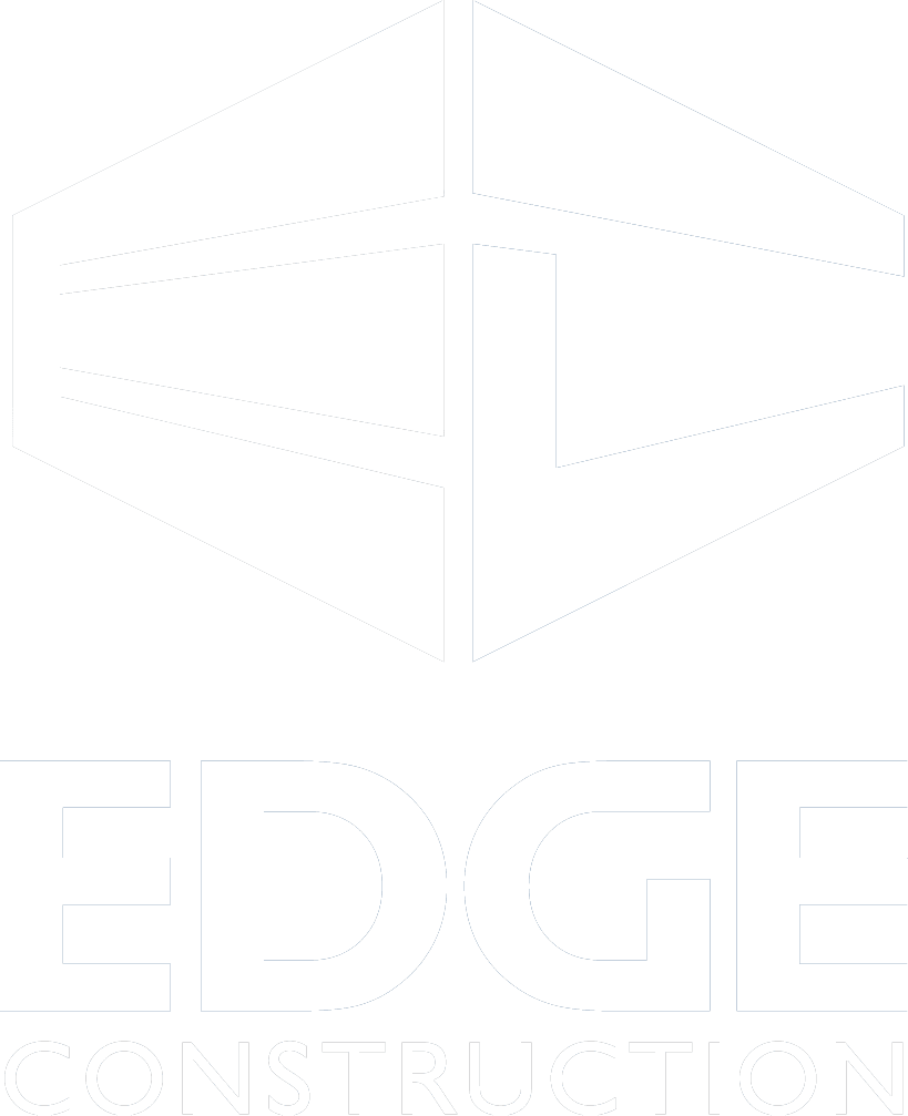 White logo for "EDGE Construction" with geometric shapes forming the letters "E" and "C" above the company name in bold, capitalized text.