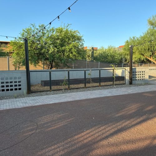 A paved path runs beside a fence with benches and small plants, with trees and a chain-link fence in the background under a clear sky. String lights are overhead.